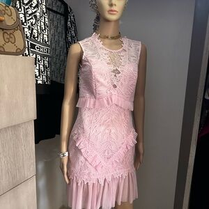Stunning Bardot Pink lace dress  with Ruffled Tiers